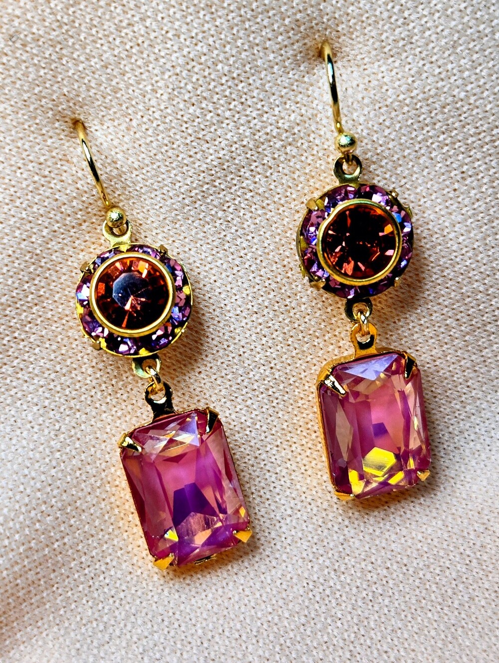 Padparadascha Orange & Pink Swarovski Crystals Octagon Gold Plated Earrings